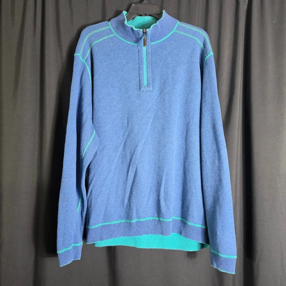 Tommy Bahama Men Quarter Zip Pullover Sweater Teal Contrast Stitch XL Reversible